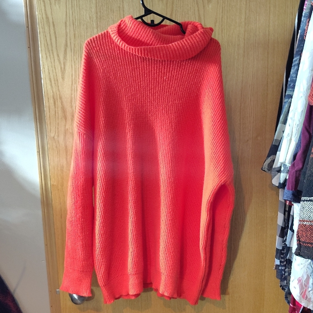 Turtleneck Rib-Knit Women's Sweater - Bright Coral